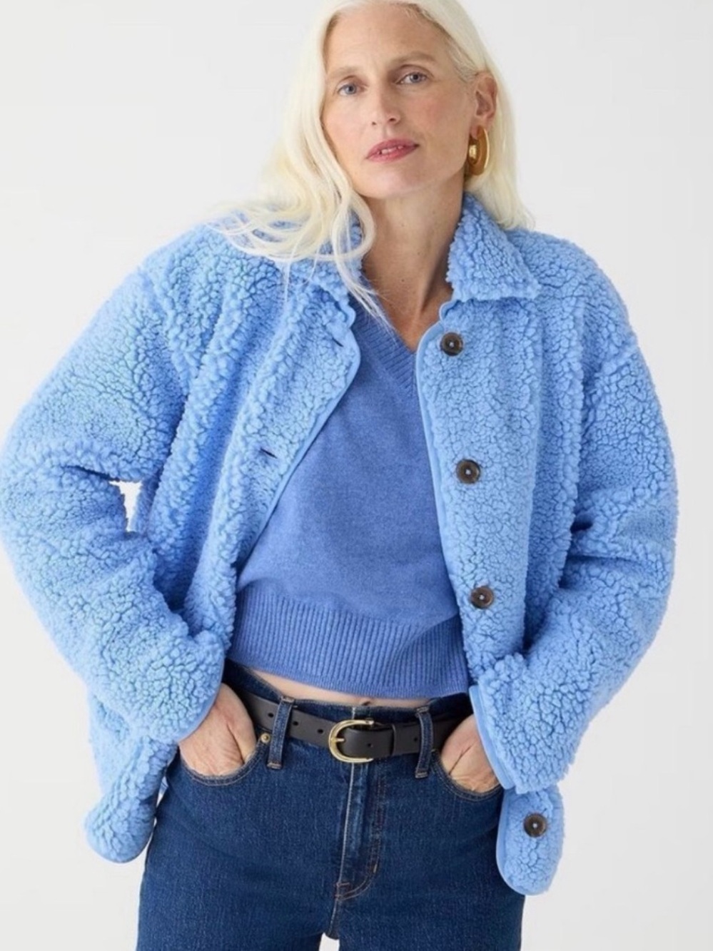 JC | NWT Soft Fountain Blue Teddy Coat Pockets Button Front Vegan Sherpa Jacket